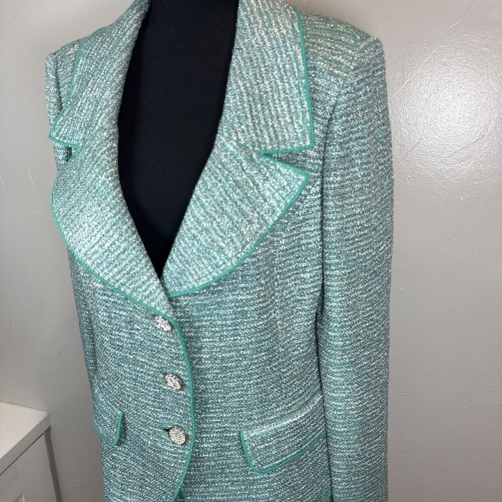 St. John Suit Set Green Tweed Blazer Sz 12 and Skirt Sz 10 Quiet Luxury Dog Show - Picture 6 of 16